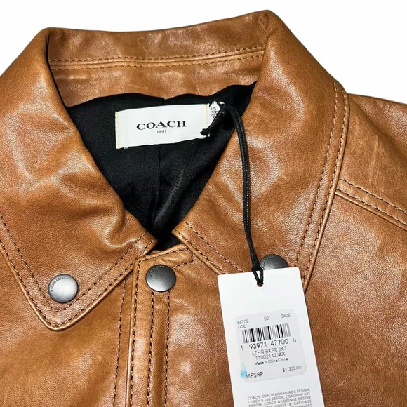 Coach Sheep Leather Brown Men's Biker Motorcycle Jacket Size 50 Zipped Pockets - Picture 5 of 16